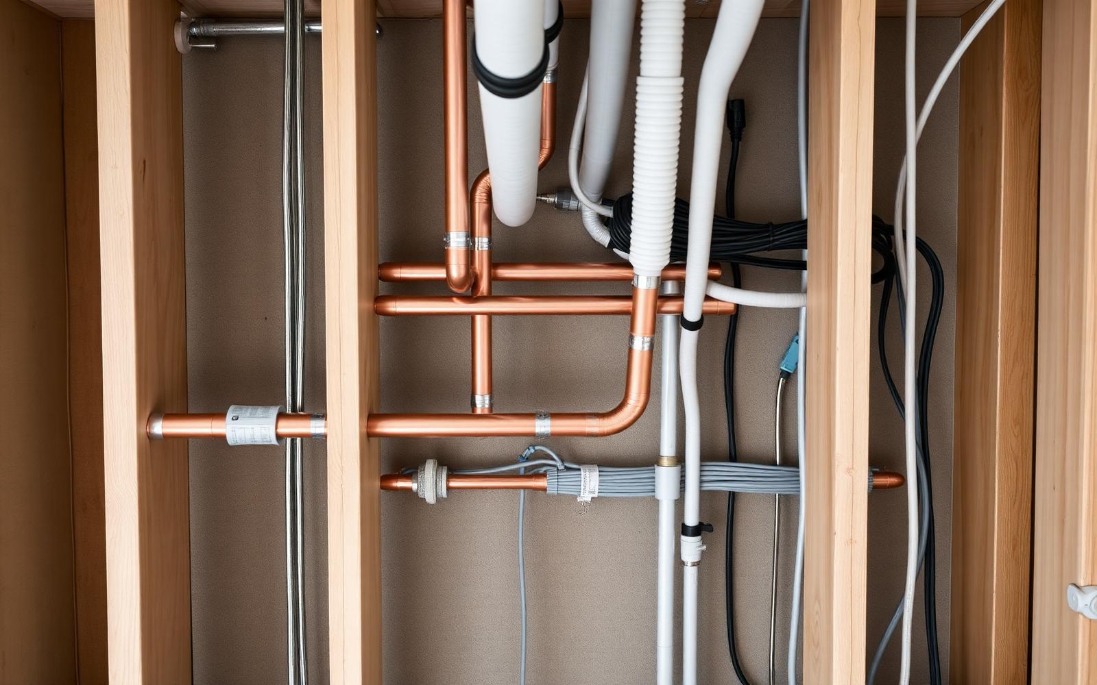 Neatly installed copper plumbing pipes and organized electrical wiring inside an open wall cavity